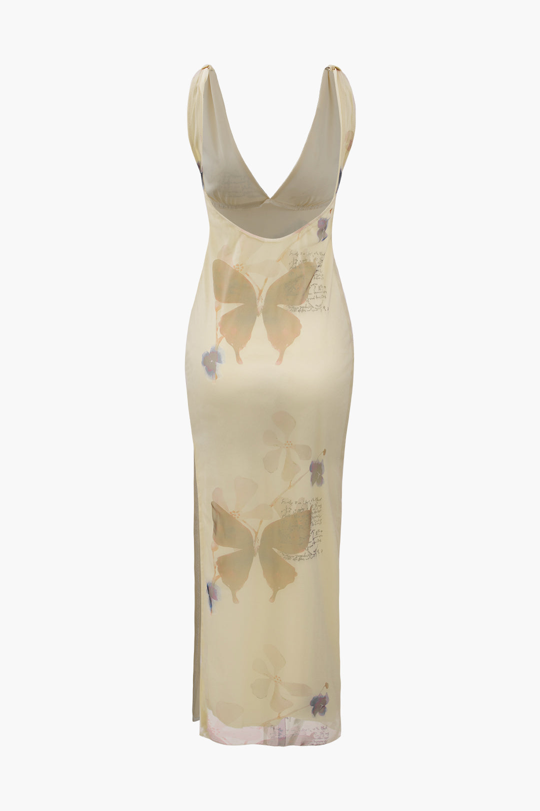 Flower & Butterfly Print V-neck Backless Slit Maxi Dress