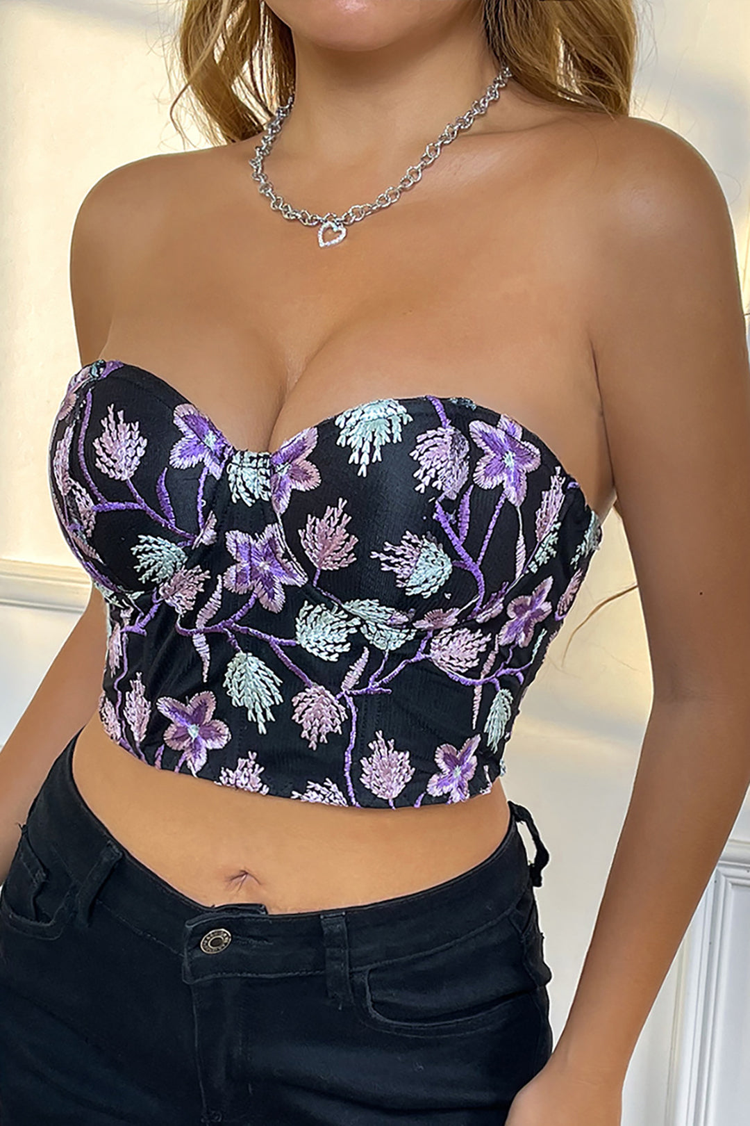 Flower Embroidery Tie Back Bustier Tube Top