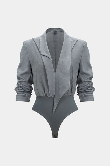 Notched Lapel Asymmetrical Long Sleeve Bodysuit