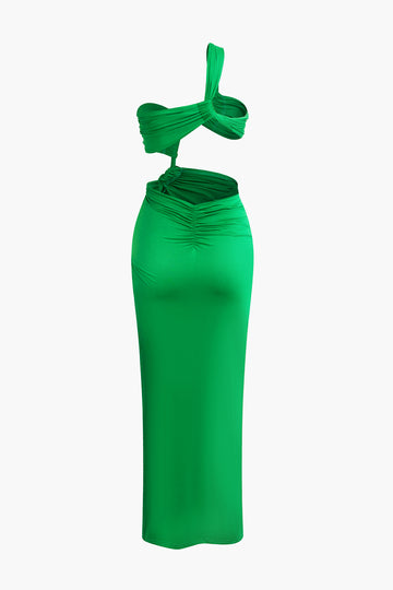 Asymmetrical Twist Ruched Slit One Shoulder Maxi Dress