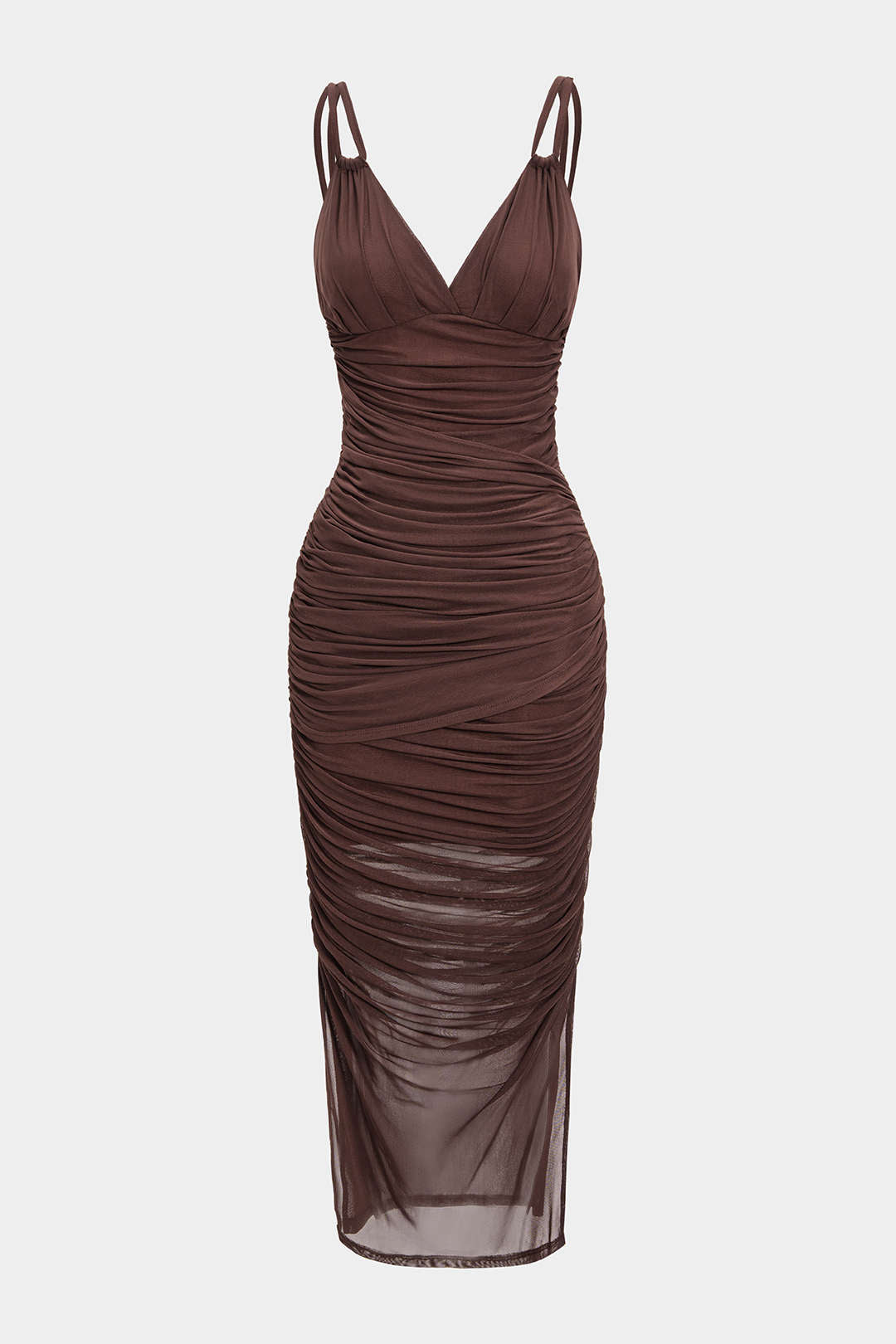 Mesh Ruched Slip V-Neck Sleeveless Maxi Dress
