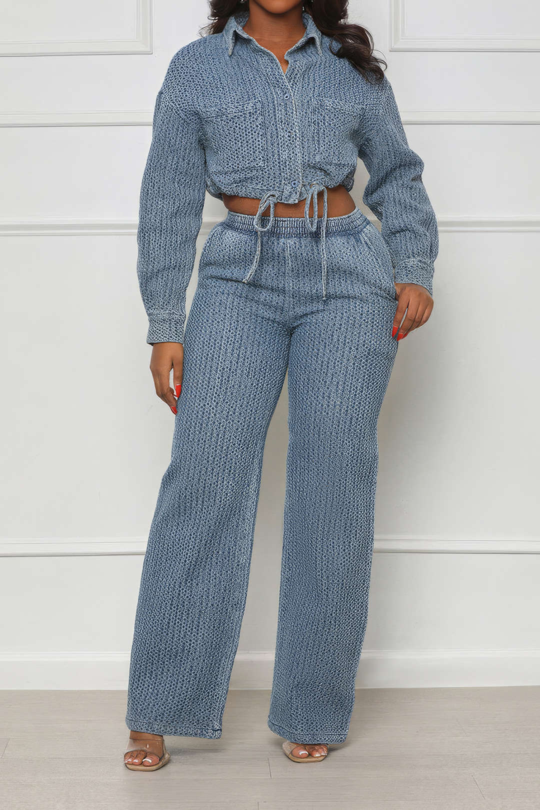 Denim Long Sleeve Draw String Top und Jeans Set