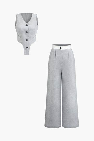 Contrast Pinstripe V-Neck Button Up Vest And High Waist Wide Leg Pants Set