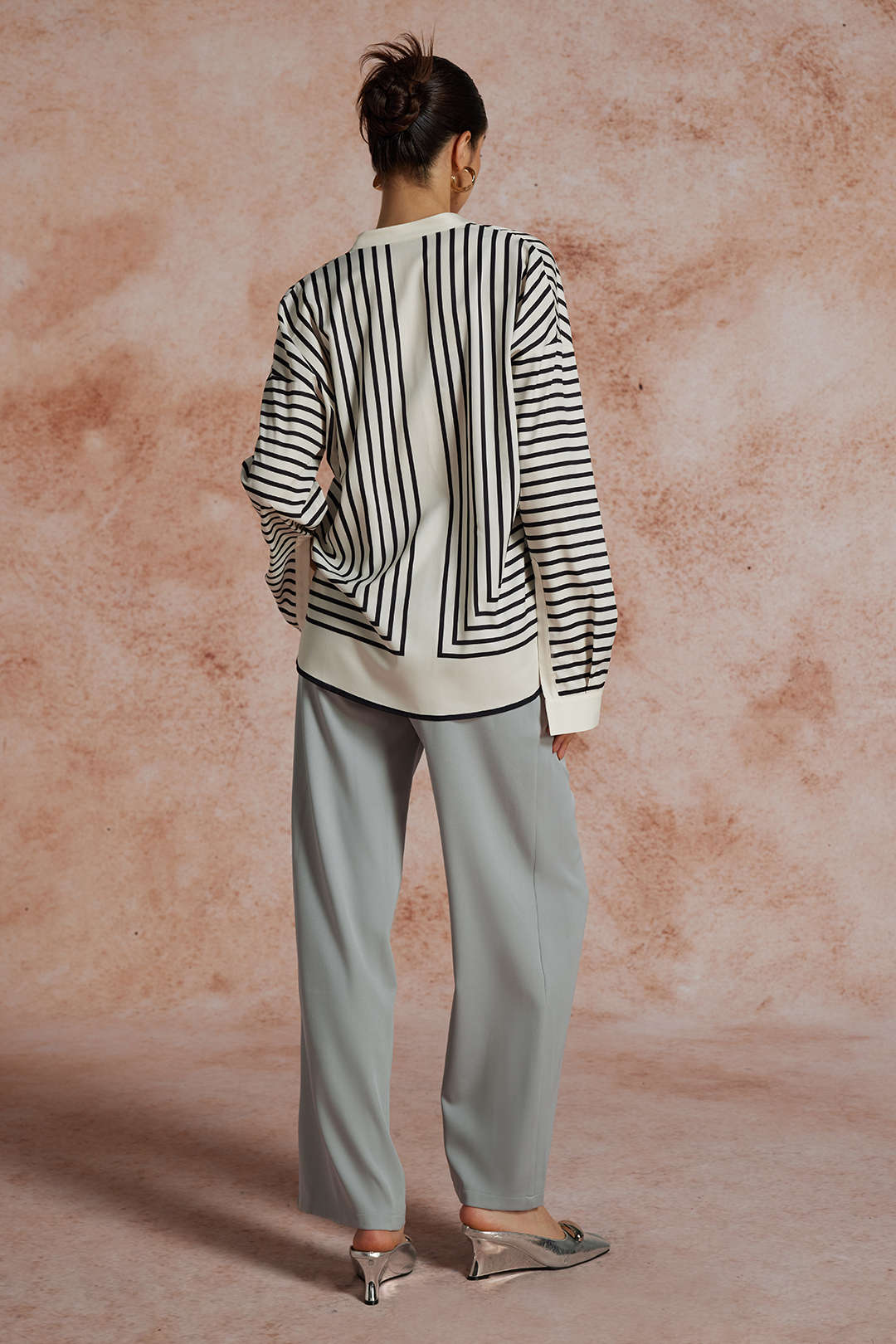 Stripe Print Satin Long-Sleeve Shirt