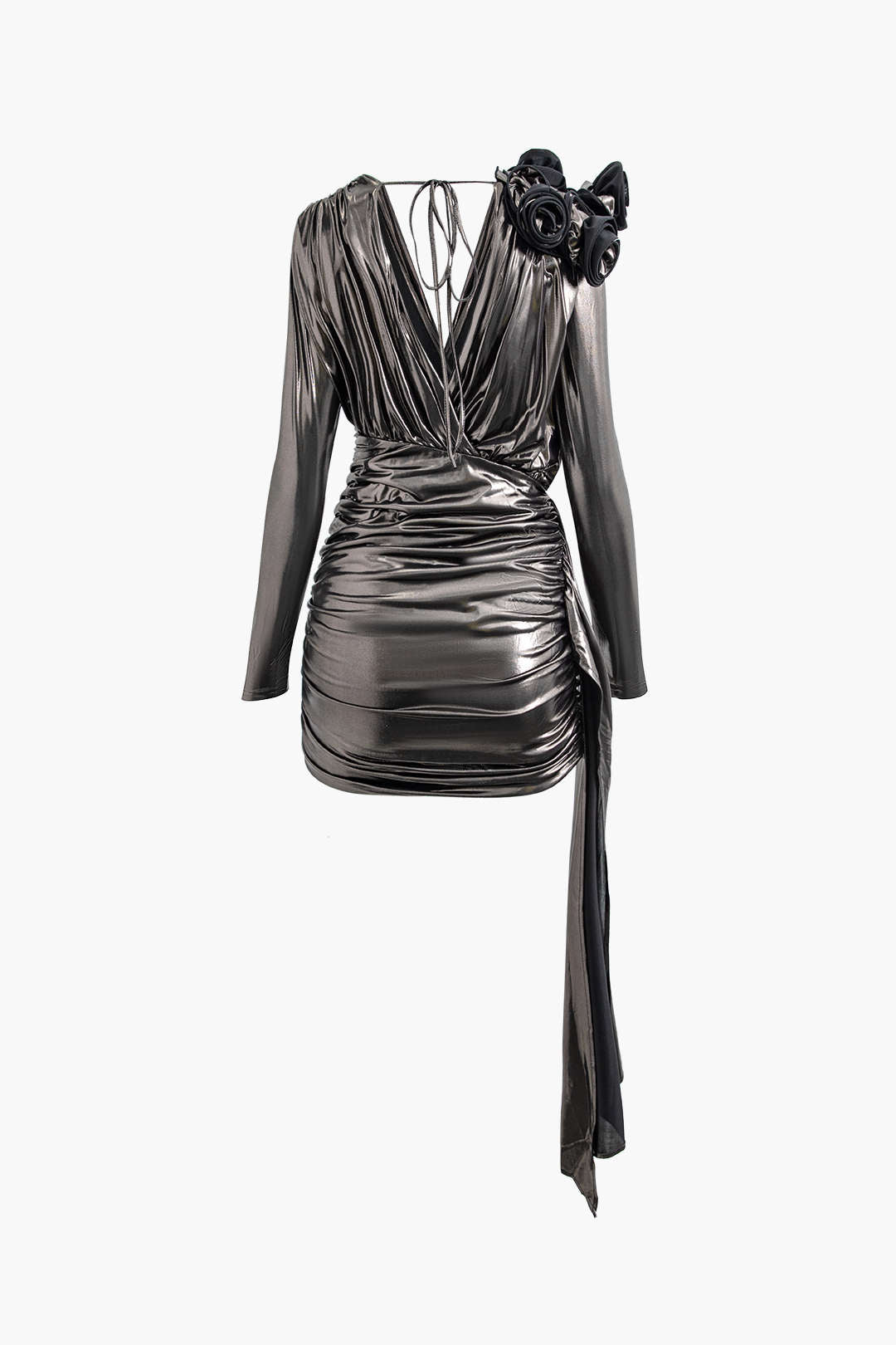 Metallic V-neck Ruched Rosette Midi Dress