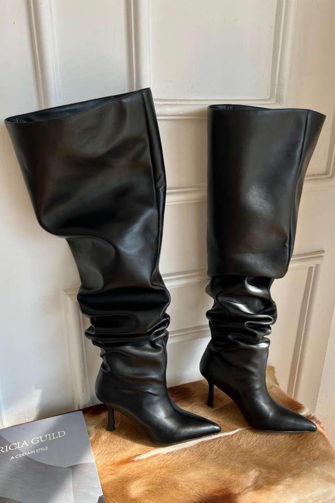 Faux Leather Wide-calf High-heeled Knee-high Boots