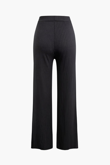 Twist Tie Round Neck Long Sleeve Top And High Waist Pants Set