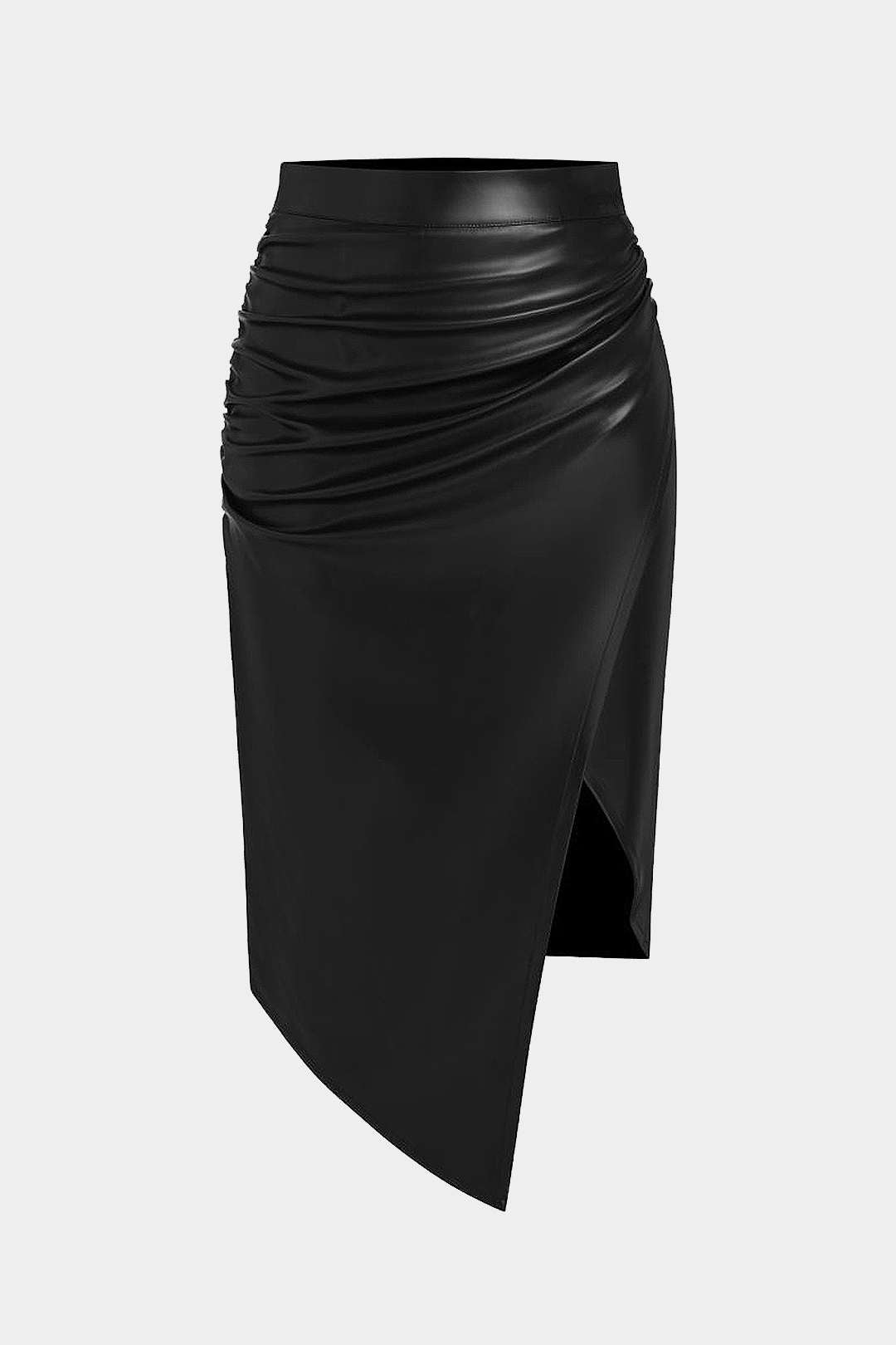 Faux Leather Asymmetrical Ruched Skirt