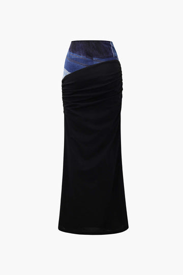 Jersey Panel Denim-Like Print Maxi Skirt