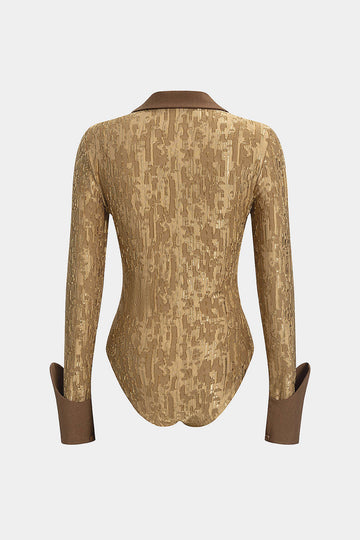 Metallic Button Ripped Patchwork Long Sleeve Bodysuit