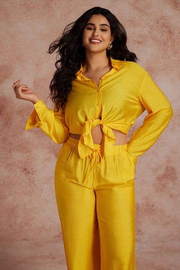 Plus Size Tie Front Shirt And Wide Leg Pants Set