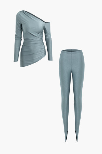 Asymmetrical Ruched Long Sleeve Top And Slim Fit Pants Set