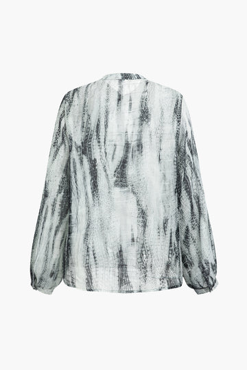 Printed Button Up Ruffle Front Long Sleeve Blouse