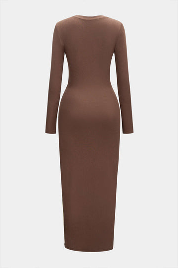 Round Neck Zipper Patchwork Long Sleeve Midi Dress