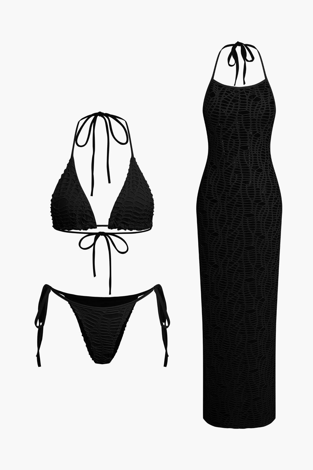 Textured Halter Neck Bikini And Open Knit Cover Up Set