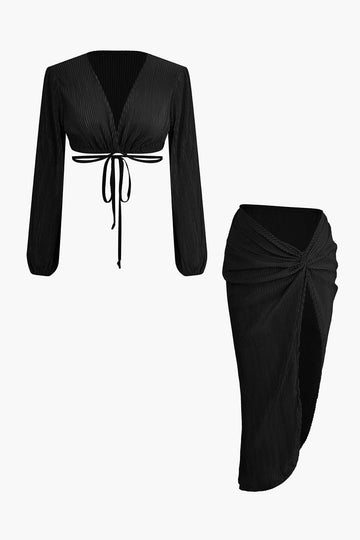 Tie V-neck Crop Top And Twist Split Asymmetrical Skirt Set