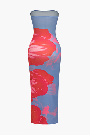 Floral Print Strapless Midi Dress