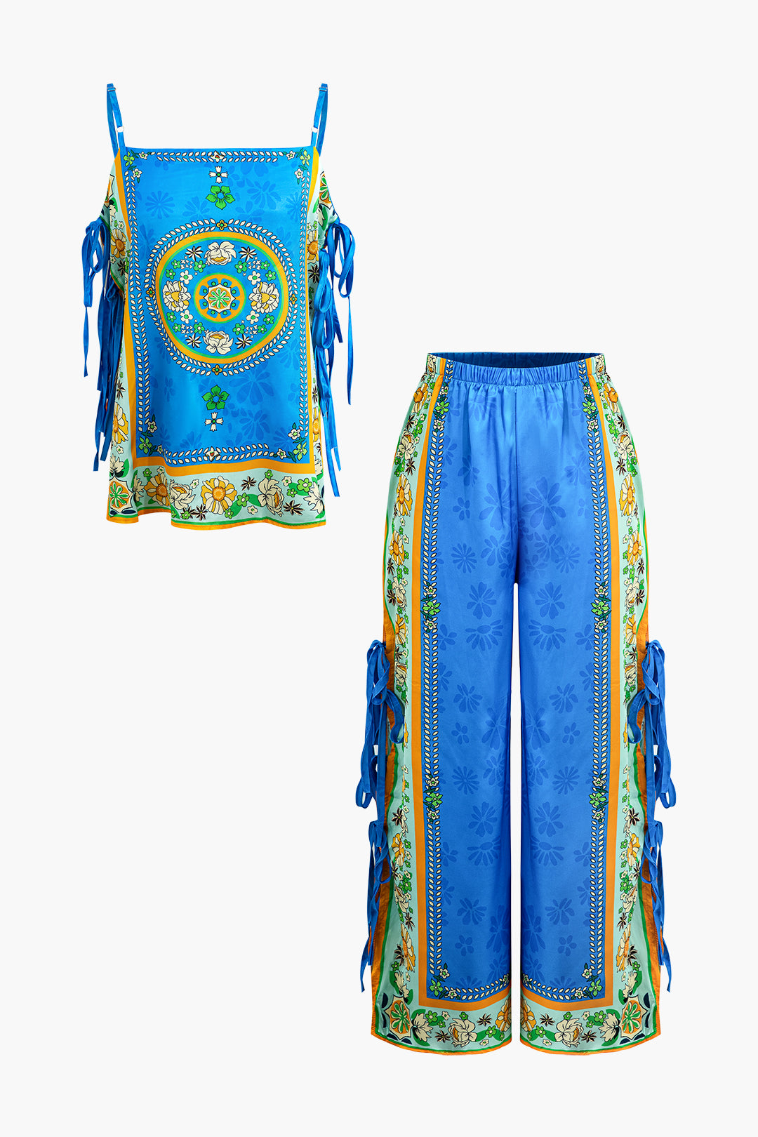 Ethnic Print Satin Knotted Cami Top and Wide Leg Pants Set