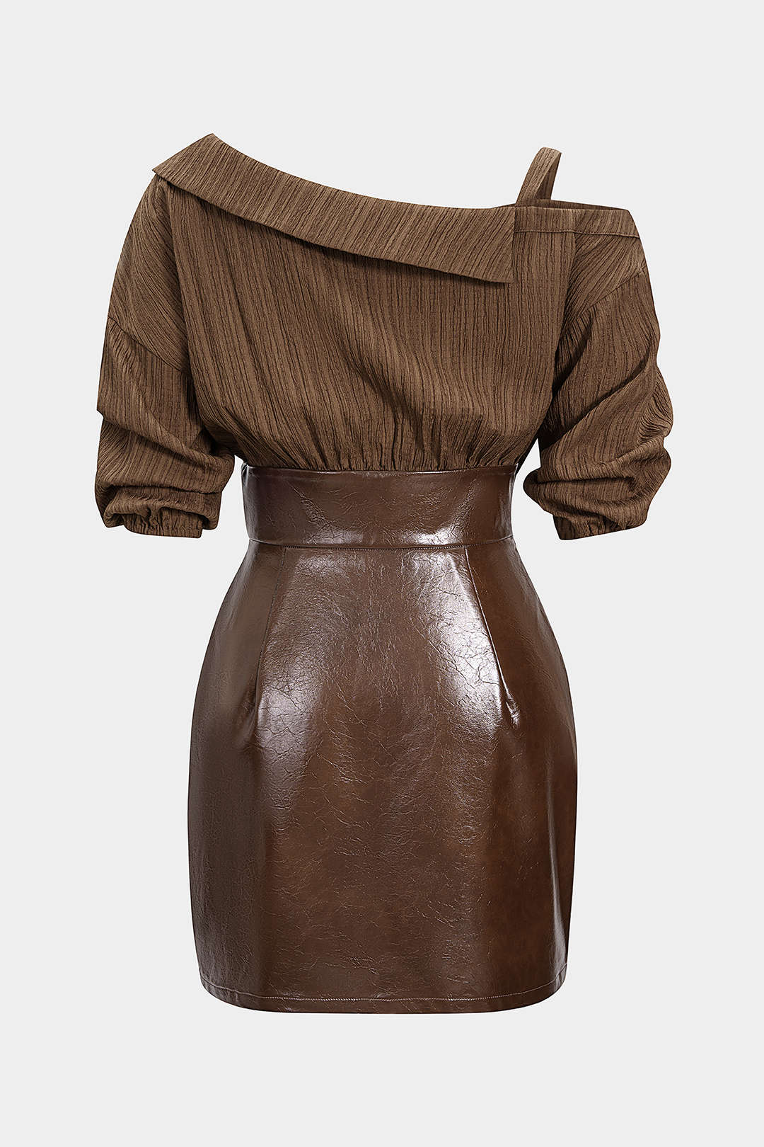 Faux Leather Patchwork Asymmetrical Short Sleeve Mini Dress