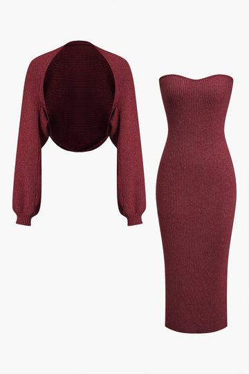 Ribbed Knit Strapless Midi Dress And Bolero Set