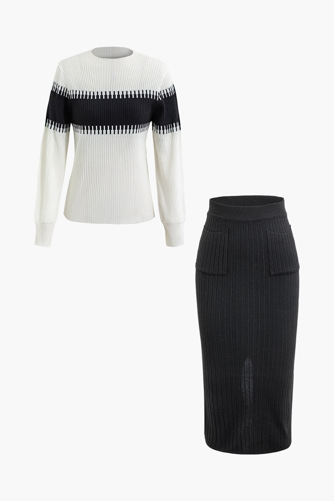 Color Block Ribbed Knit Long Sleeve Top And Midi Skirt Set