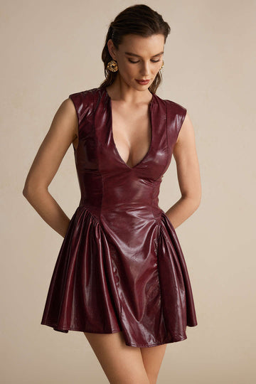 Faux Leather V-neck Ruched Mini Dress