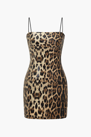 Leopard Print Sequins Spaghetti Strap Mini Dress