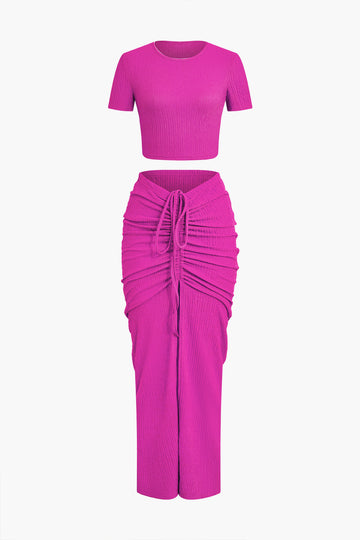 Textured Crop Top And Drawstring Ruched Skirt Set
