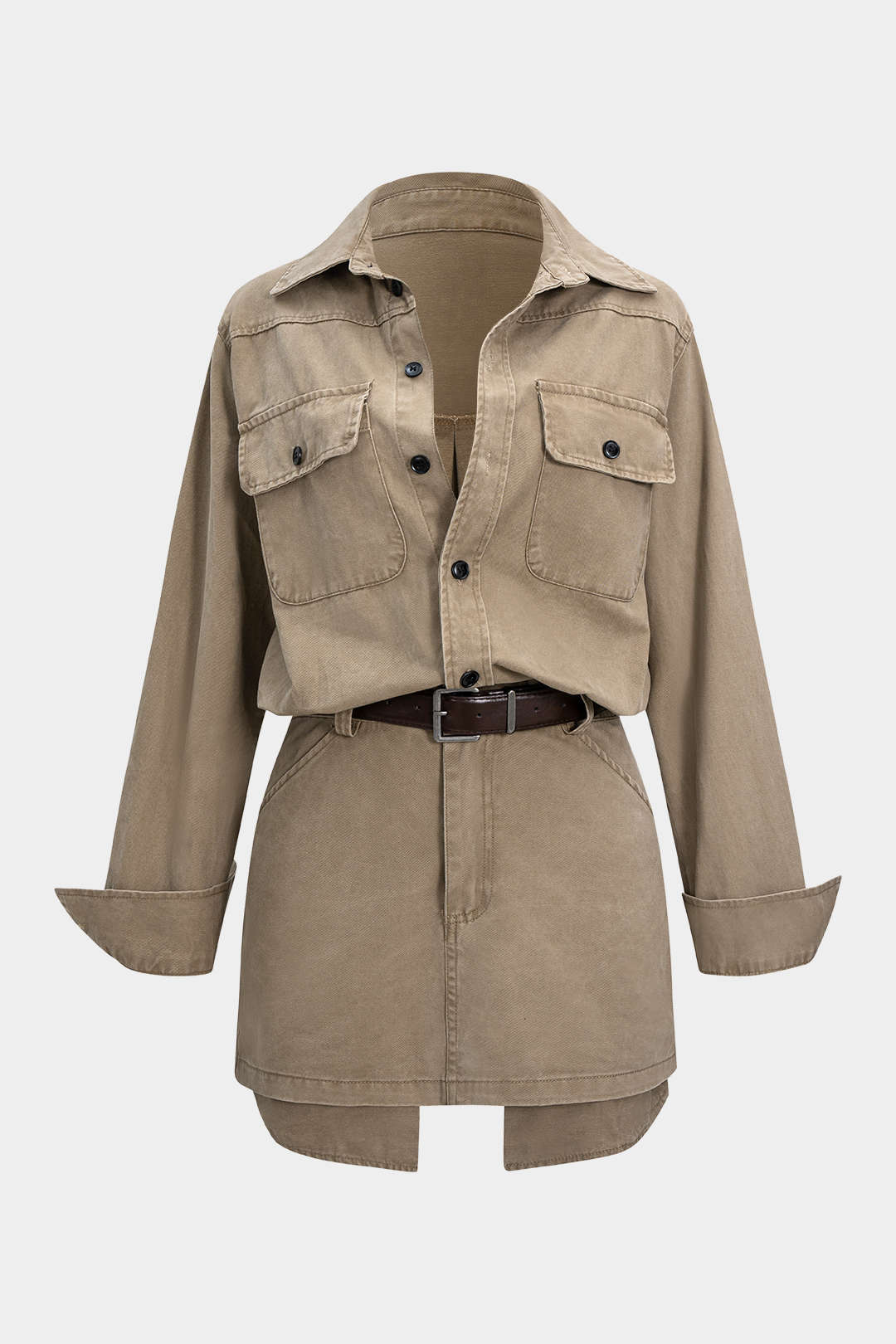 Denim Button Pocket Belted Long Sleeve Dress