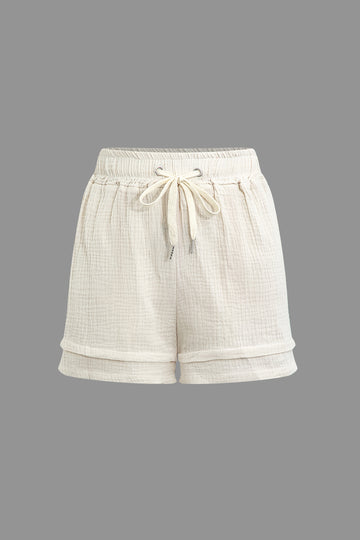 Textured Button Shirt And Drawstring Waist Shorts Set