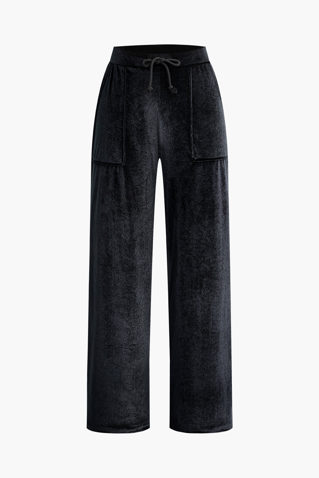 Velvet Drawstring Hooded Zipper Crop Top And Flap Pocket Straight Leg Pants Set