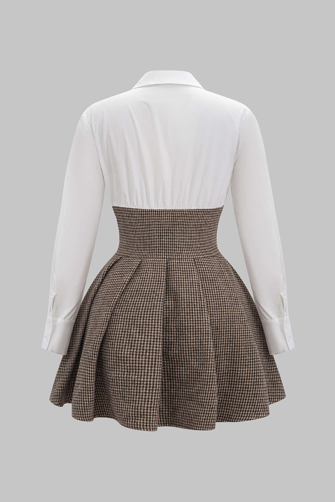 Houndstooth Print Patchwork Pleated High Waist Long-Sleeve Mini Dress