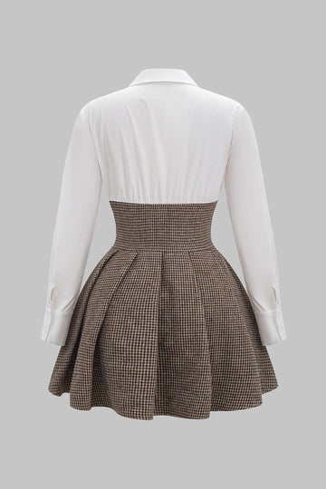 Houndstooth Print Patchwork Pleated High Waist Long-Sleeve Mini Dress