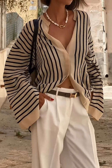 Stripe Print Satin Long-Sleeve Shirt