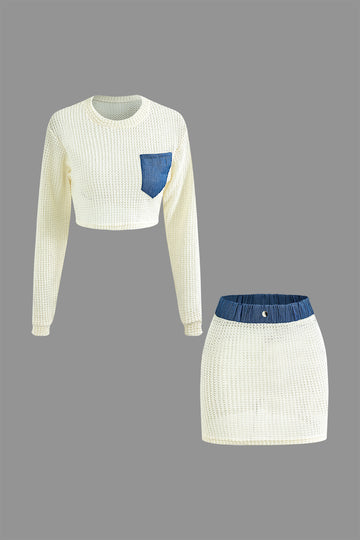 Patchwork Open Knit Round Neck Chest Pocket Top And Mini Skirt Set