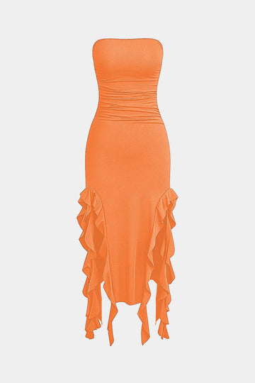 Solid Ruffle Hem Ruched Tube Maxi Dress