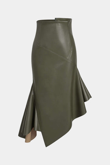 Faux Leather Asymmetrical Hem Ruched Skirt