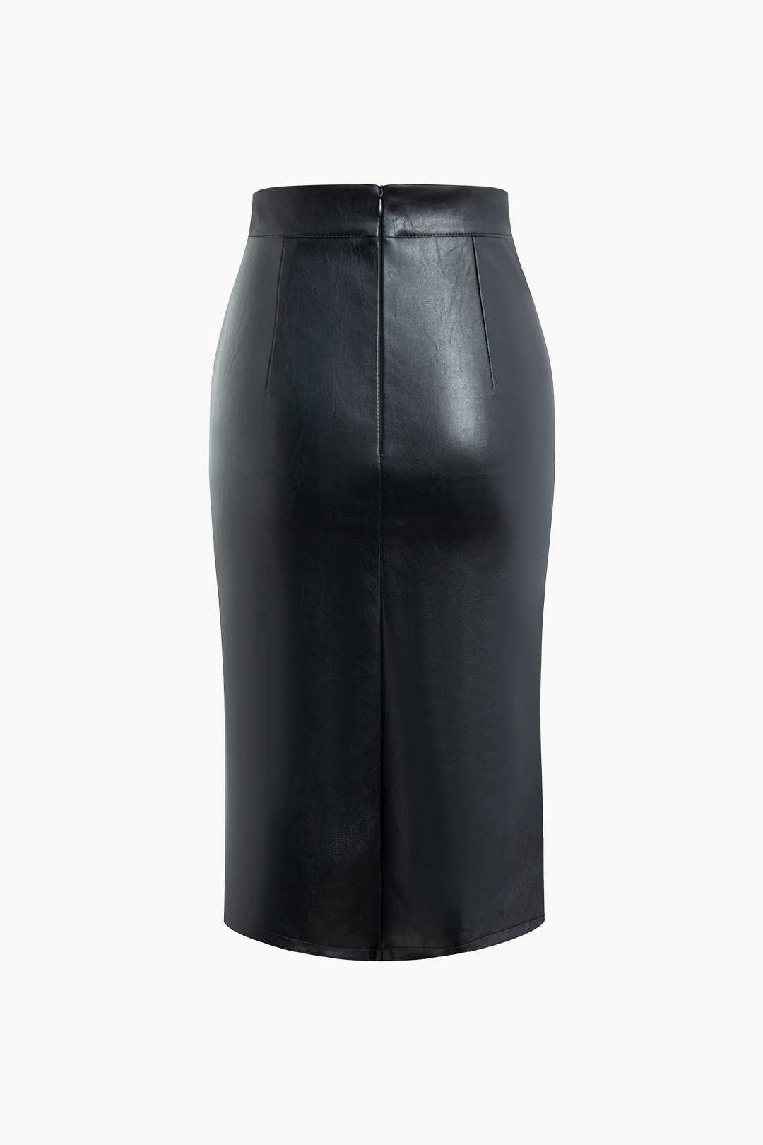 Faux Leather Ruched Split Midi Skirt
