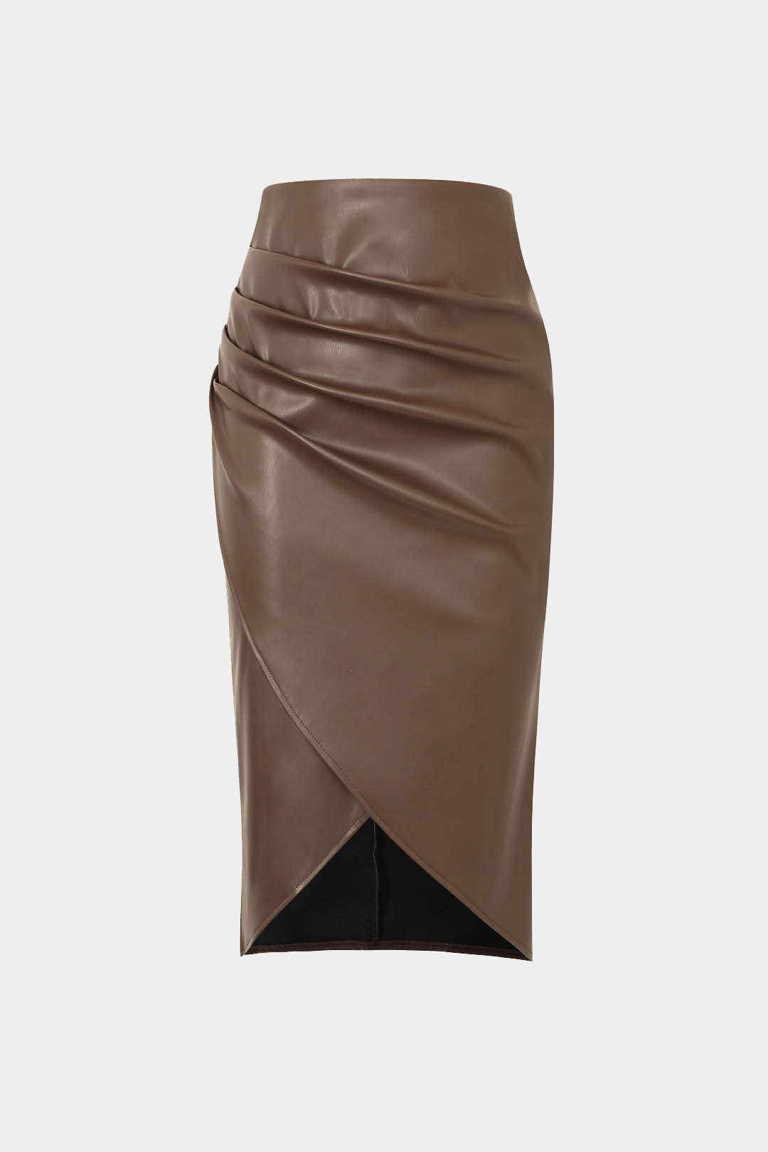 Faux Leather Wrap Ruched Midi Skirt