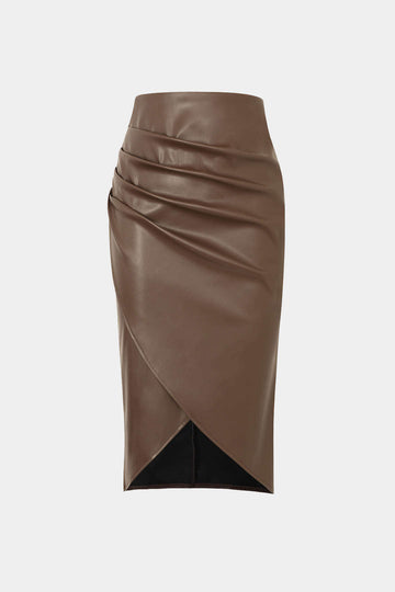 Faux Leather Wrap Ruched Midi-hame