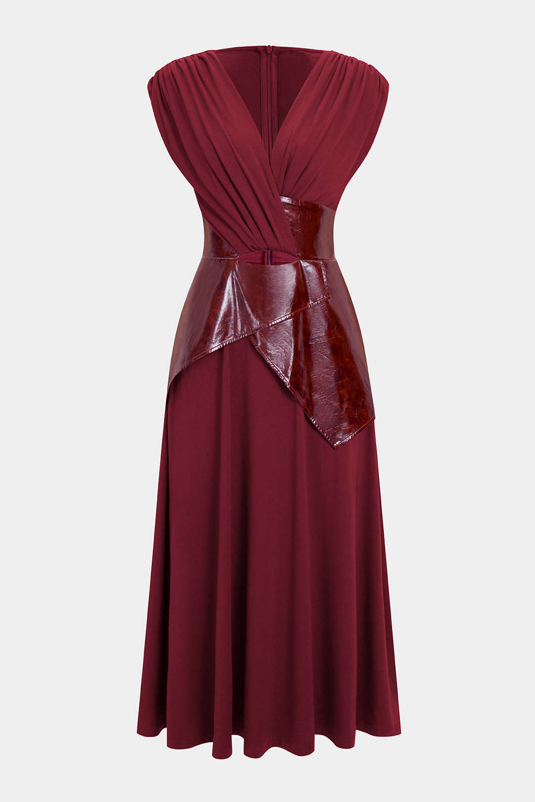 Faux Leather Patchwork Ruched Short-Sleeve Maxi Dress