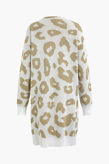 Leopard Pattern V-neck Pocket Knit Coat