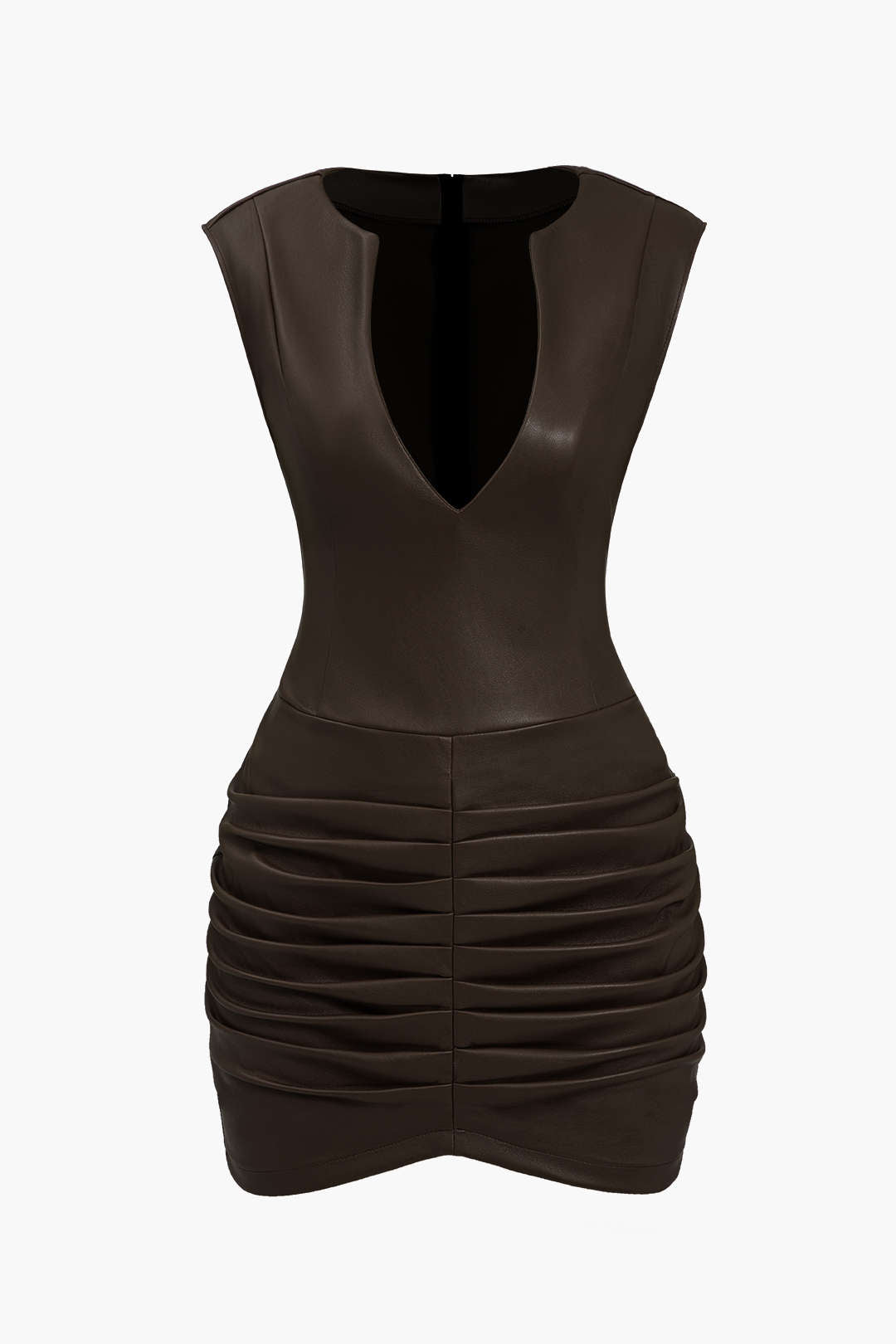 Ruched kunstnahast V-kaelusega minikleit Bodycon