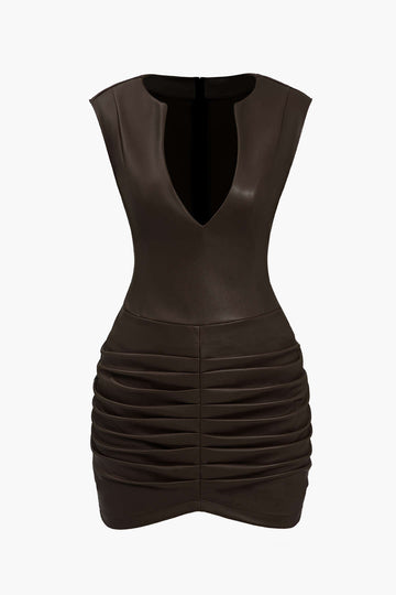 Ruched Faux Leather Bodycon Mini šaty s výstrihom do V