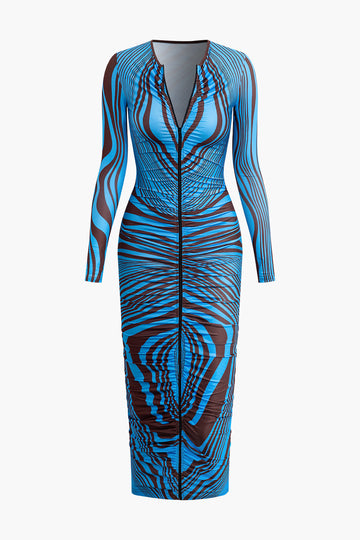 Abstract Print Zipper Ruched Long Sleeve Maxi Dress