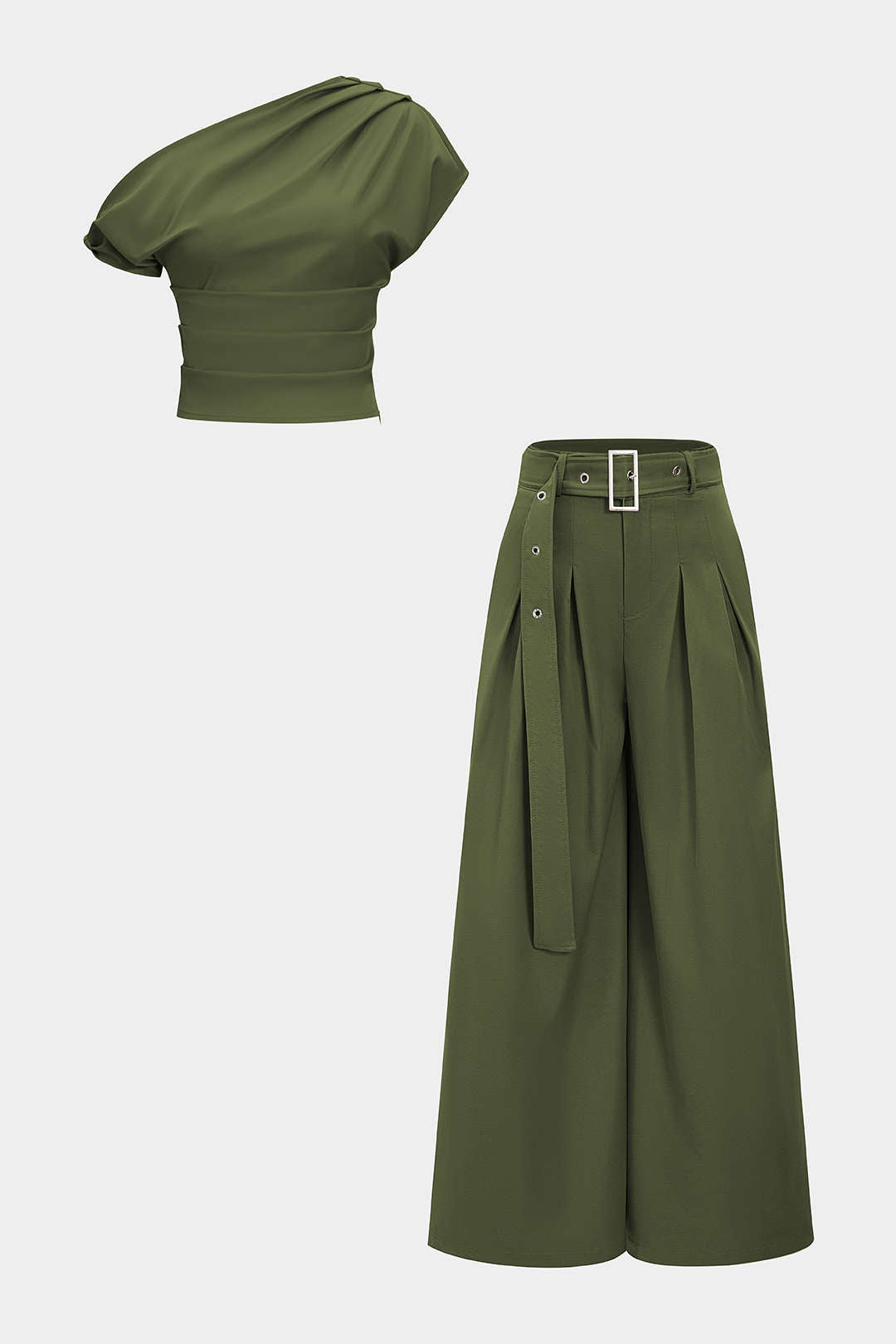 Ruched Asymmetrical Top And Belted Wide Leg Trousers Set