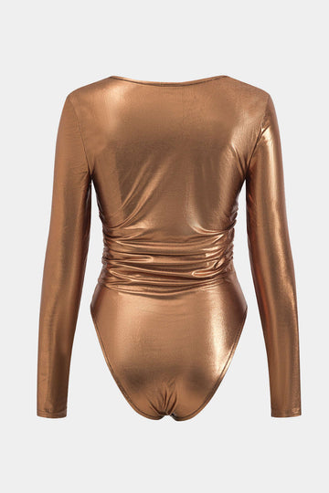 Faux Leather Long Sleeve Cowl Neck Bodysuit