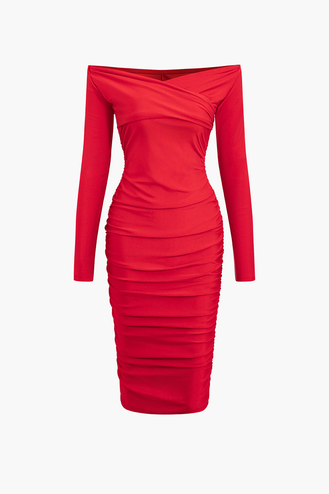 Off The Shoulder Ruched Long Sleeve Midi Dress