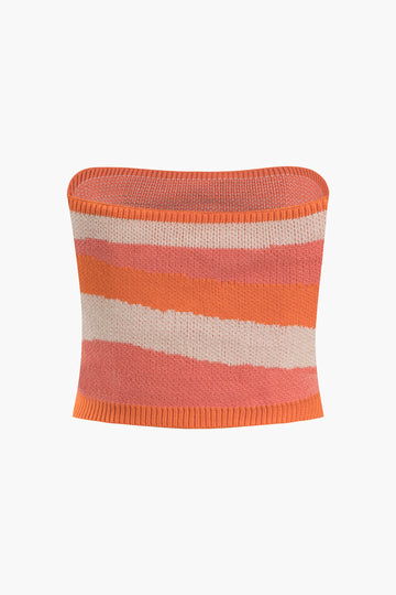 Contrast Stripe Knit Tube Top And Midi Skirt Set