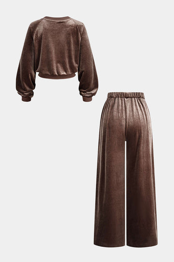 Velvet Patchwork V-Neck Long Sleeve Top And Shirred Waistband Wide-Leg Pants Set